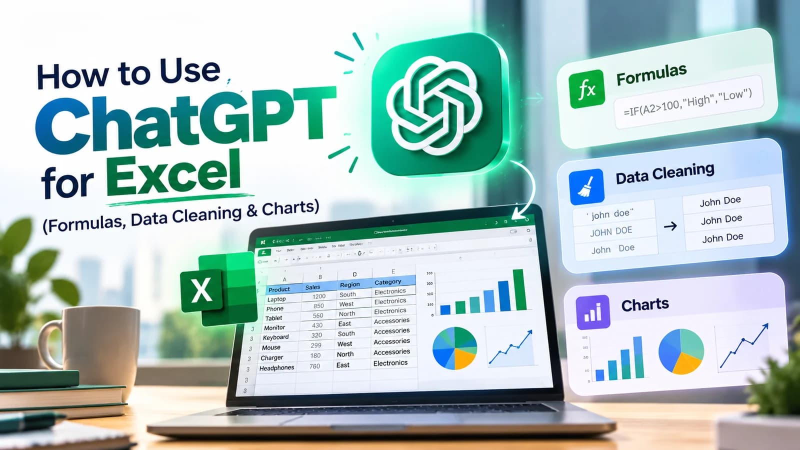 How to Use ChatGPT for Excel — a laptop spreadsheet with ChatGPT helping with formulas, data cleaning and charts