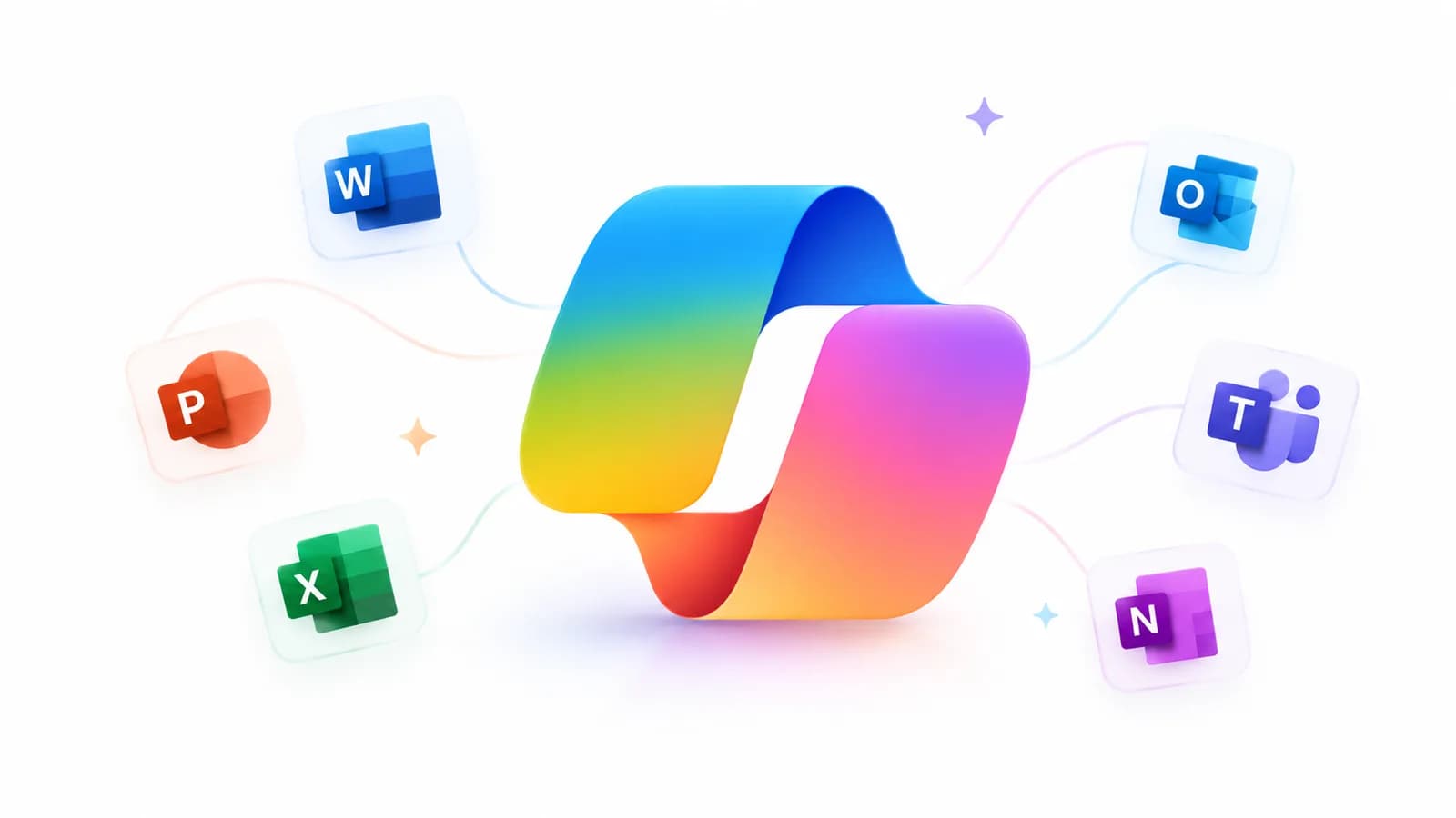 Microsoft Copilot training: what to learn first — the Microsoft Copilot logo with Word, Excel, Outlook and Teams icons